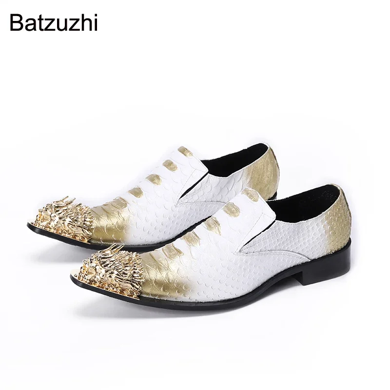 

Batzuzhi Italian Style Men Shoes Golden Steel Toe Leather Dress Shoes Men Slip on White Business, Party and Wedding Shoes Male