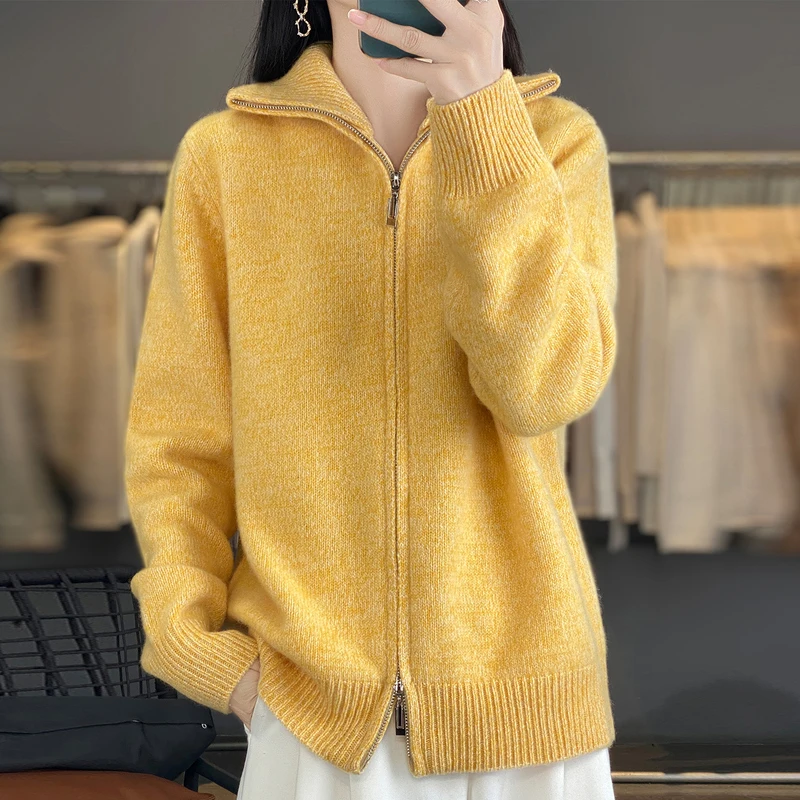 

Осень-зима, новый утолщенный свитер, женский кардиган на молнии с воротником-поло, вязаный свитер из 100% мериносовой шерсти, повседневная теплая куртка, топ