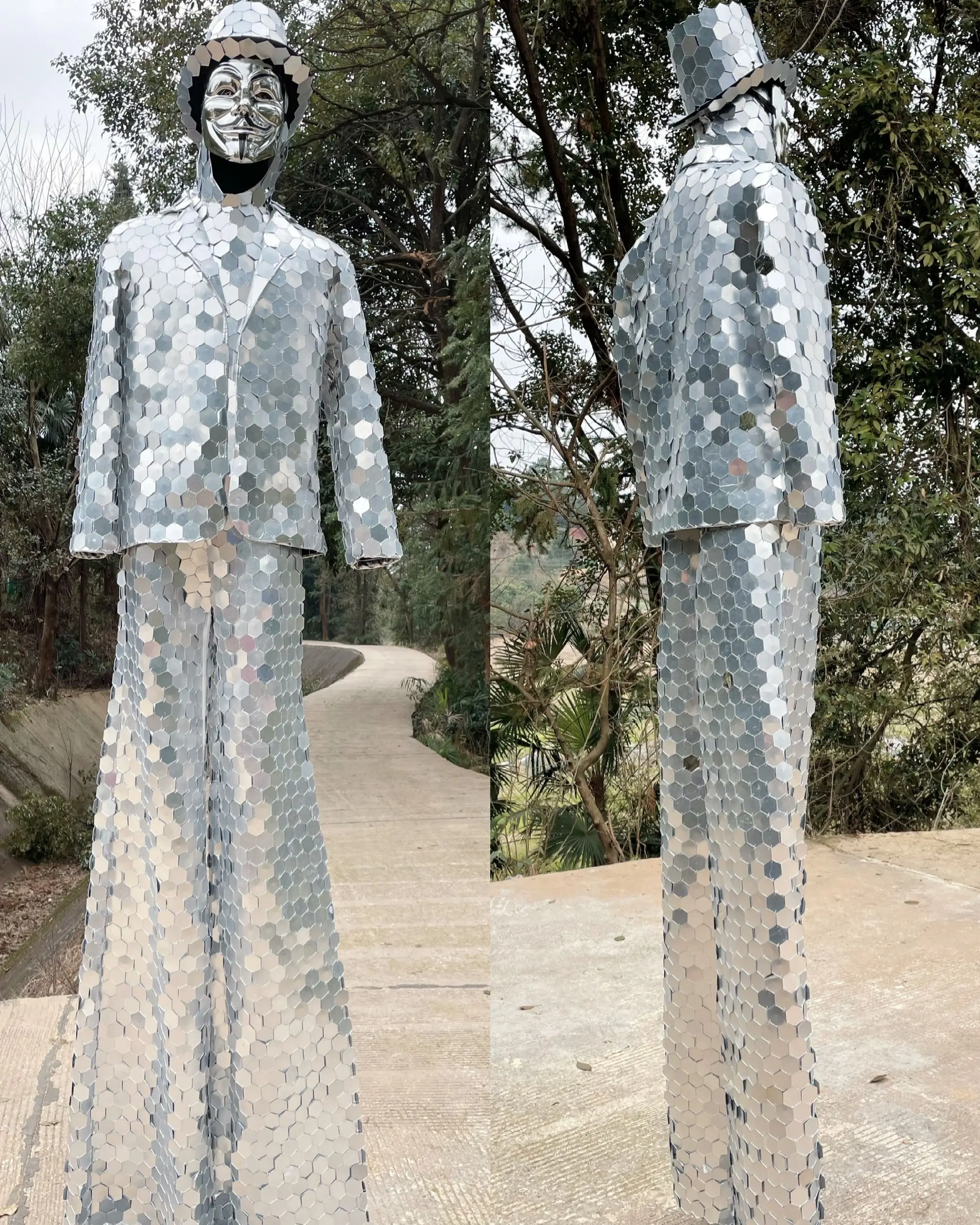 

Hand Sewn Silver Stilts Walker Mirror Man Show Gold Suit Stage Dress Performance Mask Costume Glass Cosplay Clothing