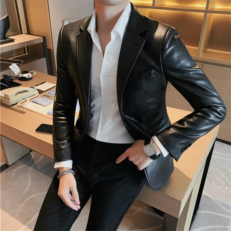 Autumn Winter Men\'s Leather Jackets Fashion Slim Solid Color Turn Down Collar Leather Blazer Coats Men Business Casual PU Jacket