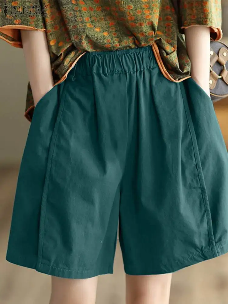 

ZANZEA Casual Loose Oversized Wide Leg Trouser 2024 Summer Elastic Waist Women Solid Color Short Pants Fashion Streetwear Shorts