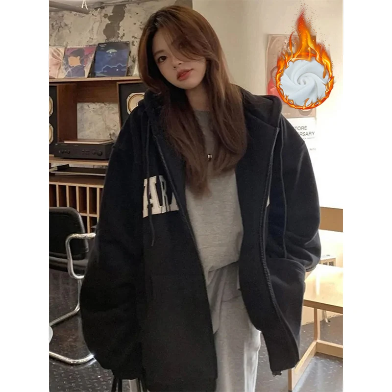 MEXZT Streetwear Zip Up Hoodies Women Oversized Letter Print Sweatshirt Harajuku Korean Plus Fleece Thick Casual All Match Tops