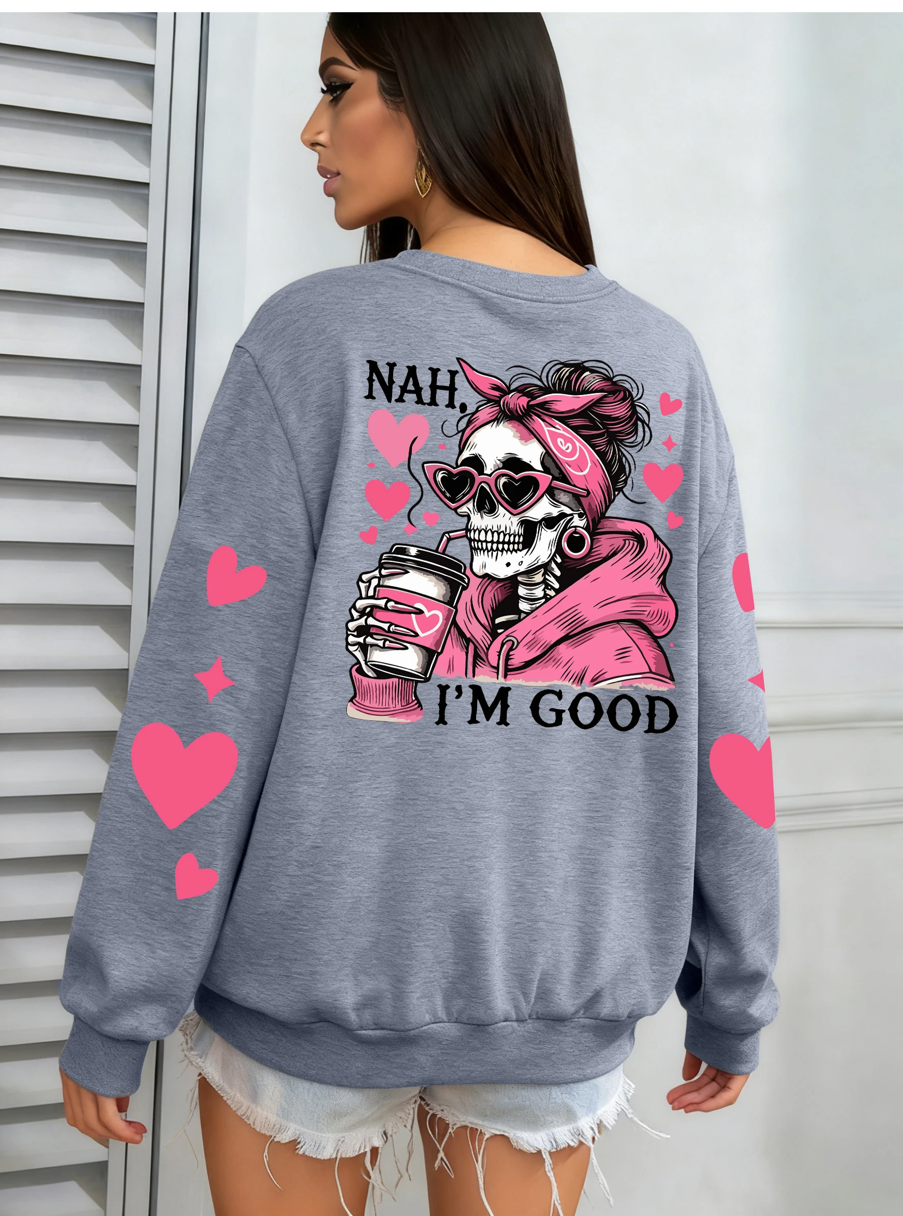 I'm Good Coffe Skull Heart Design Women Sweatshirt Autumn Y2K Sportswear Crewneck Hip Hop Clothes Fleece Jogging Pullovers