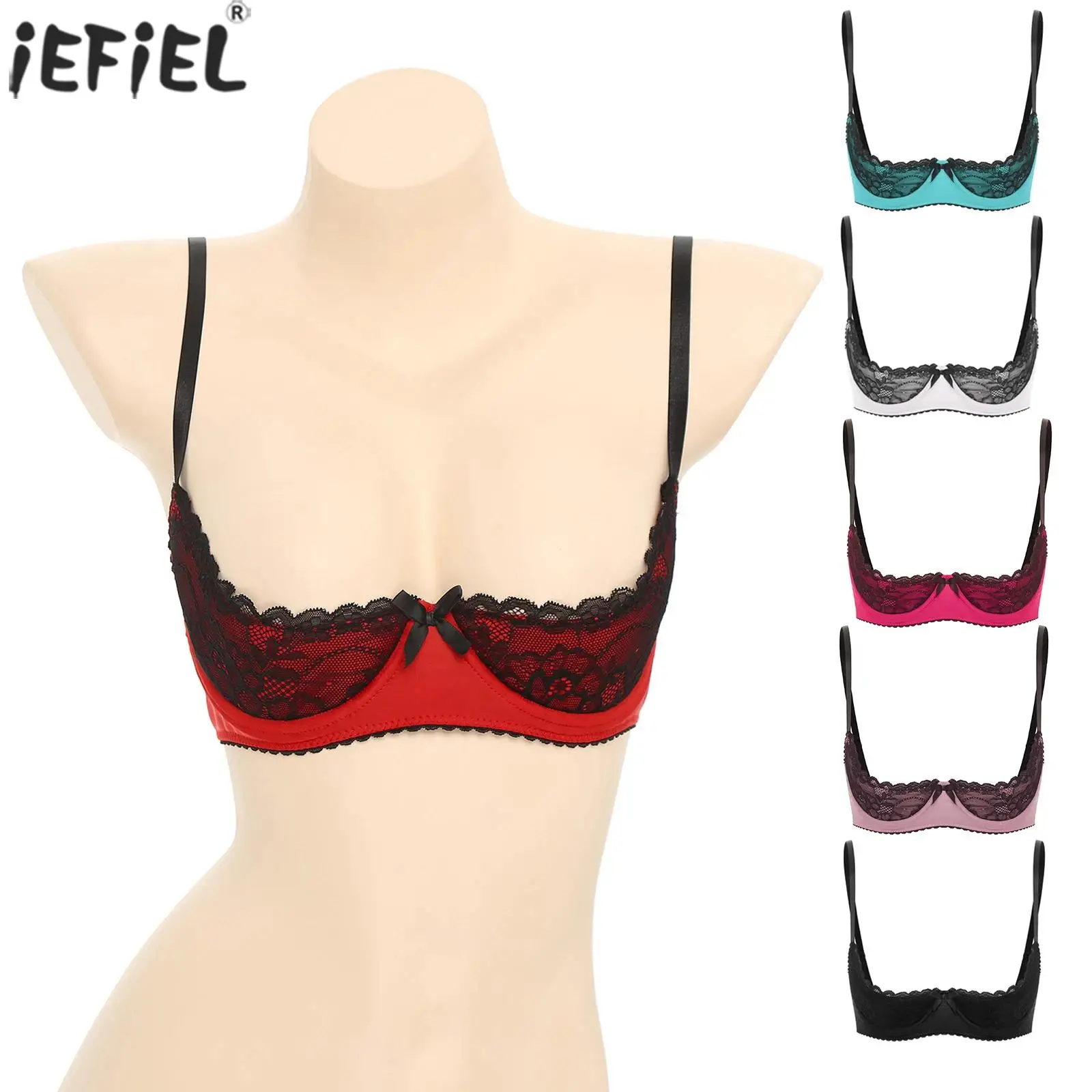 

Sissy Women Open Cup Bra Top Lace Push Up Balconette Brassier Adjustable Spaghetti Straps Underwire Lace Bra Tops