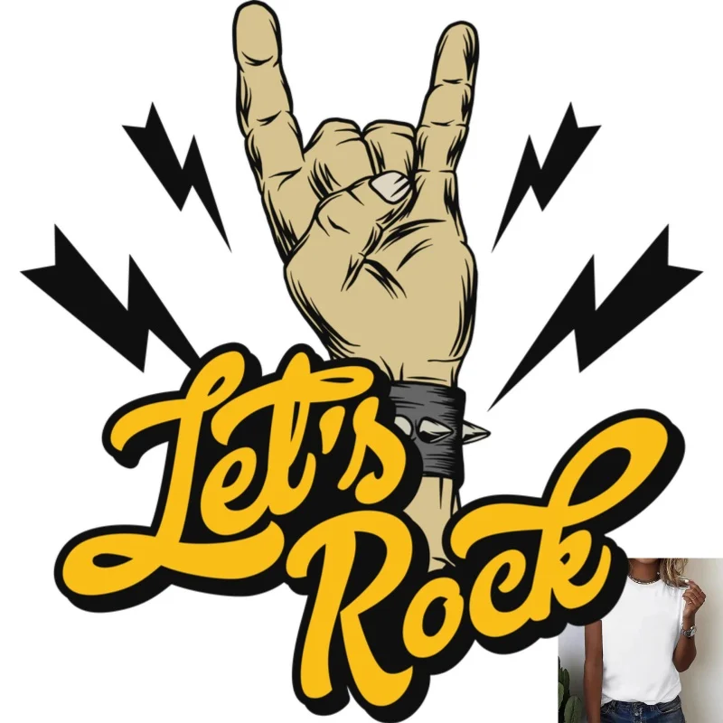 Trendy Rock Hand Gesture & Lightning Heat Transfer White Ink Iron - on Patch, Suitable for T - shirts/Canvas Bags/Clothes,