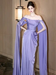 Purple Satin Cocktail Dresses Off the Shoulder Ribbon Mermaid Pleated Cocktail Formal Occasion Performance Woman Evening Gowns