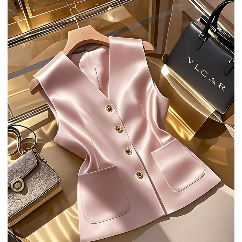Elegant Pink Satin Waistcoat Vest For Women V‑neck Sleeveless Blazer Vest Pockets Slim Office Business Formal Lady Outerwear Top