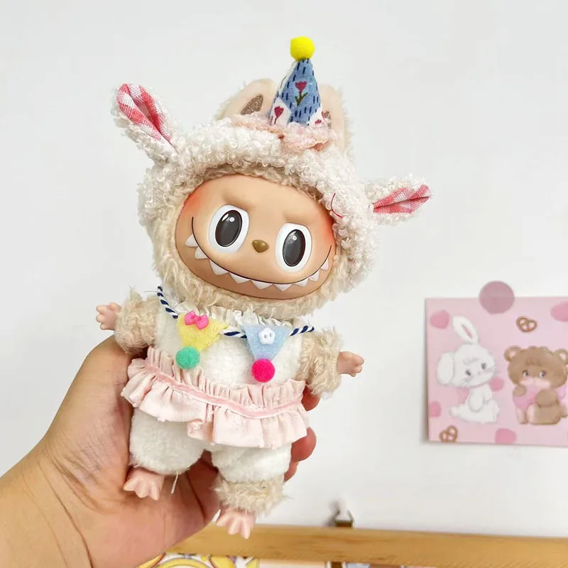 Roupas de Boneca de Pelúcia com Chapéu para Bonecas Labubu Idol, Outfit Kawaii Exo Coreano Kpop, Roupas Hoodie, Bolo Bonito, 17cm