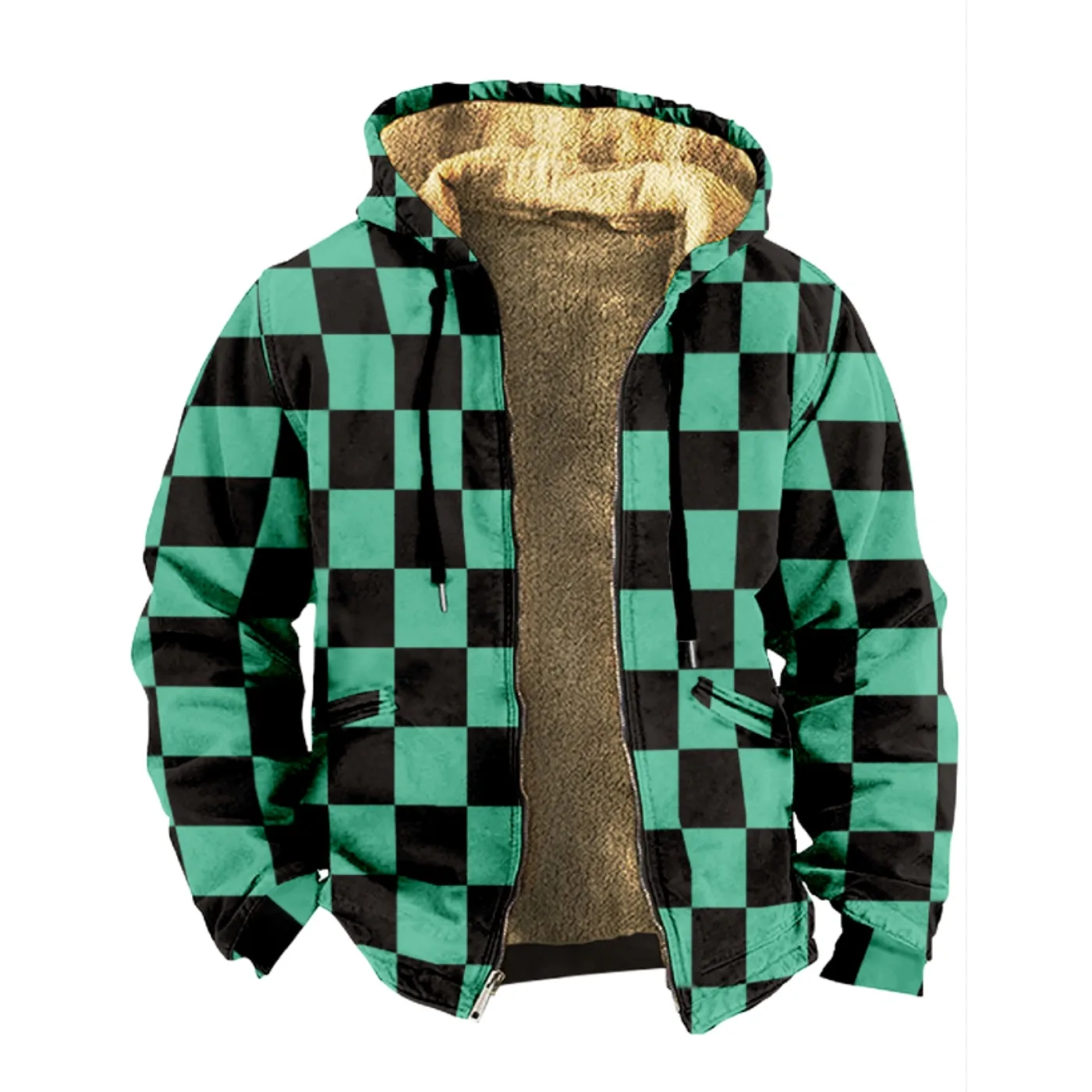 

Men's and women's thick wool hooded double-layer jackets, winter and autumn checkered printed street zippers, keep warm outdoors