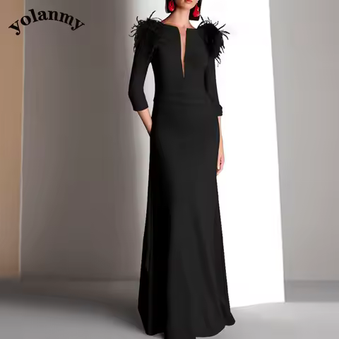 YOLANMY Charming V Neck Mother of the Bride Dress Feather Formal Evening Groom Mother Dress Vestidos De Noche Femme Customized