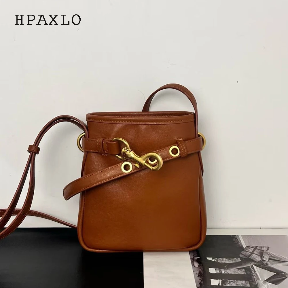 

Vegetable tanned sheepskin vintage bucket bag new belt buckle mini mobile phone bag fashion ladies one-shoulder crossbody bag
