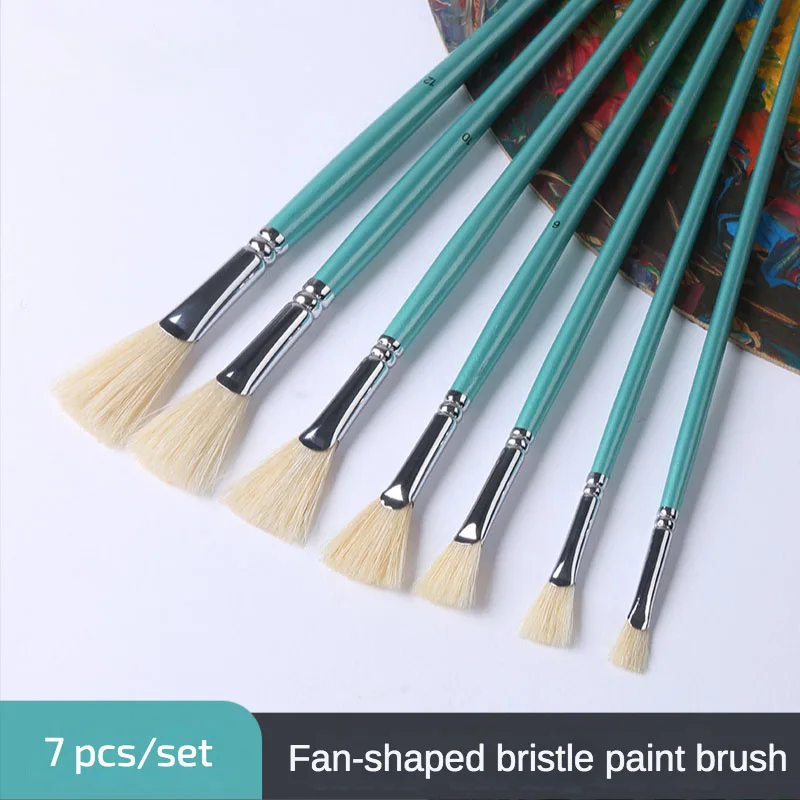 

7 Pcs Set Pig Bristle Hait Fan Shap Brush Acrylic Gouache Watercolor Oil Painting Brush Art Hard Fishtail Brush Art Supplies