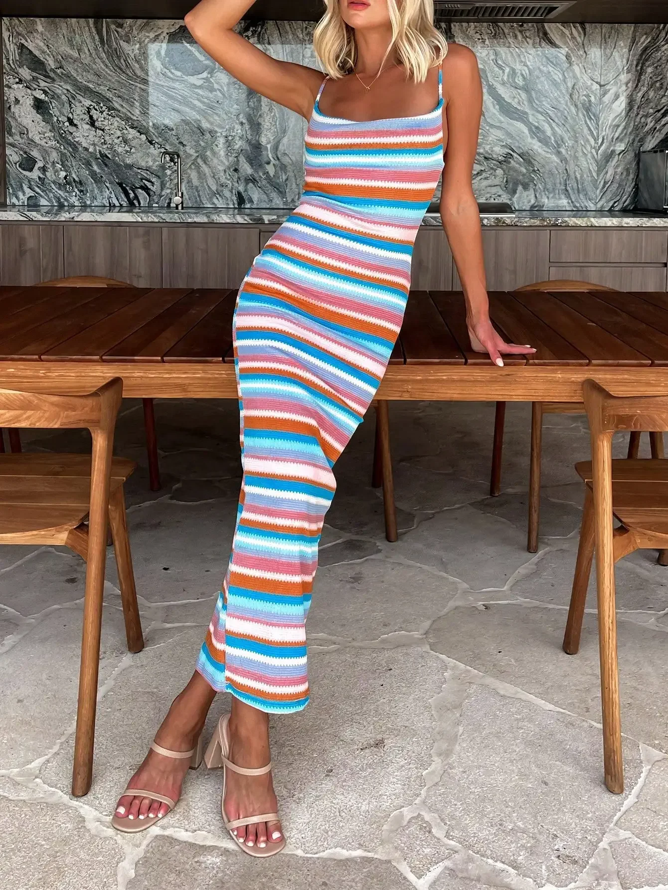 

Colorblock Striped Knit Fitted Cami Maxi Dress for Summer Casual Wear
