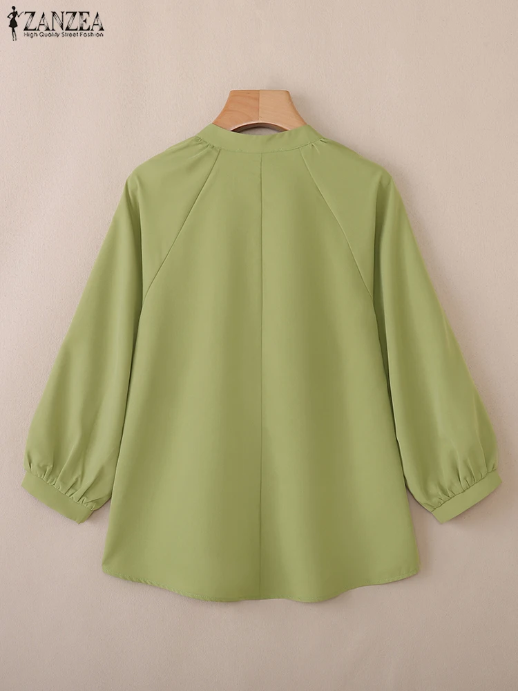 เสื้อเชิ้ตแฟชั่นผู้หญิง ZANZEA ปี 2025 สีพื้น แขน 3/4 เสื้อเบลาส์ลำลอง สไตล์ฤดูใบไม้ร่วง เสื้อทำงานผู้หญิง ดีไซน์หรูหรา ทรงหลวม ติดกระดุม คอวี