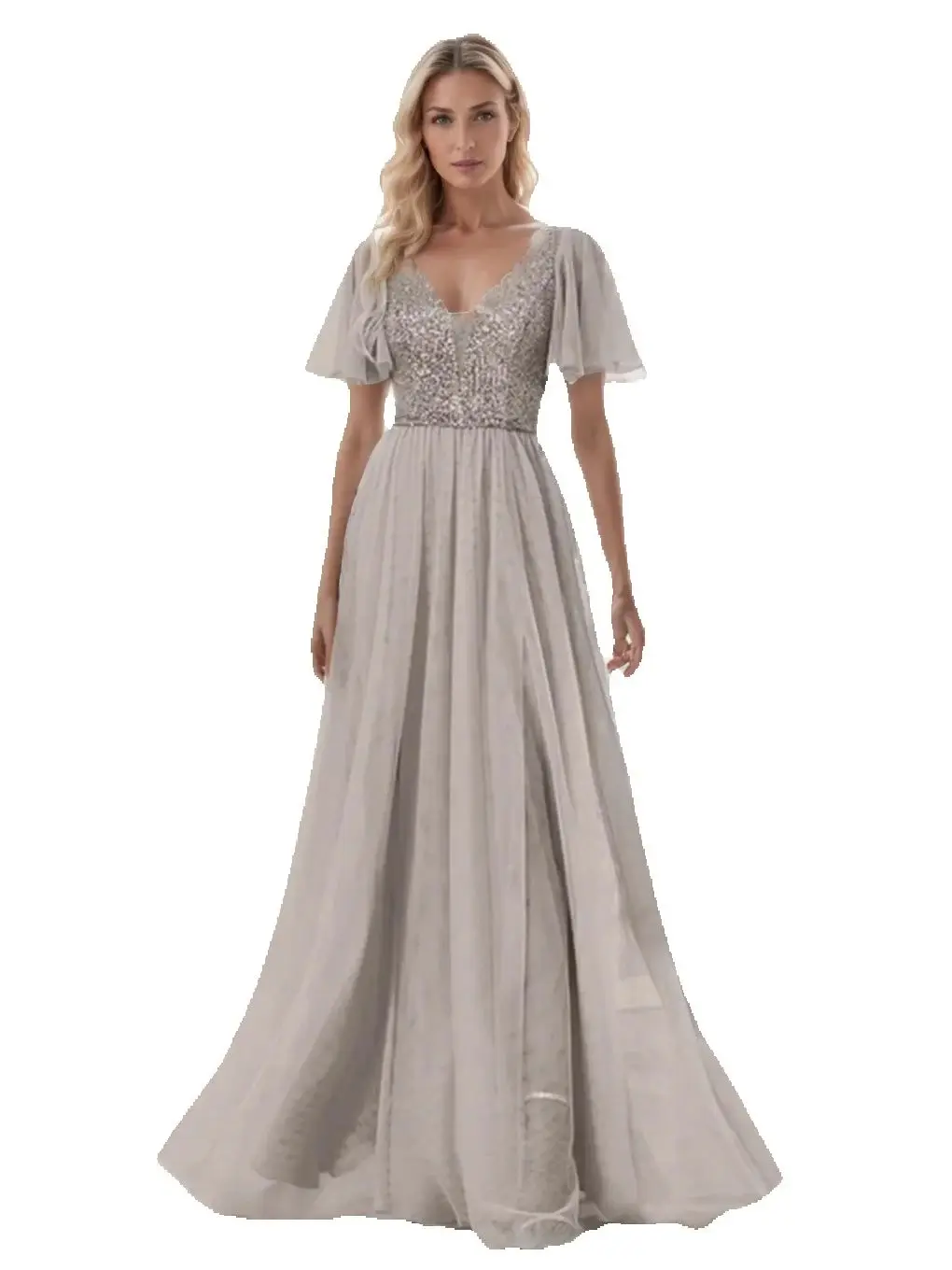 

Elegant V-neck Sequined Chiffon Long Formal Evening Mother of Bride Dress With Short Sleeves
