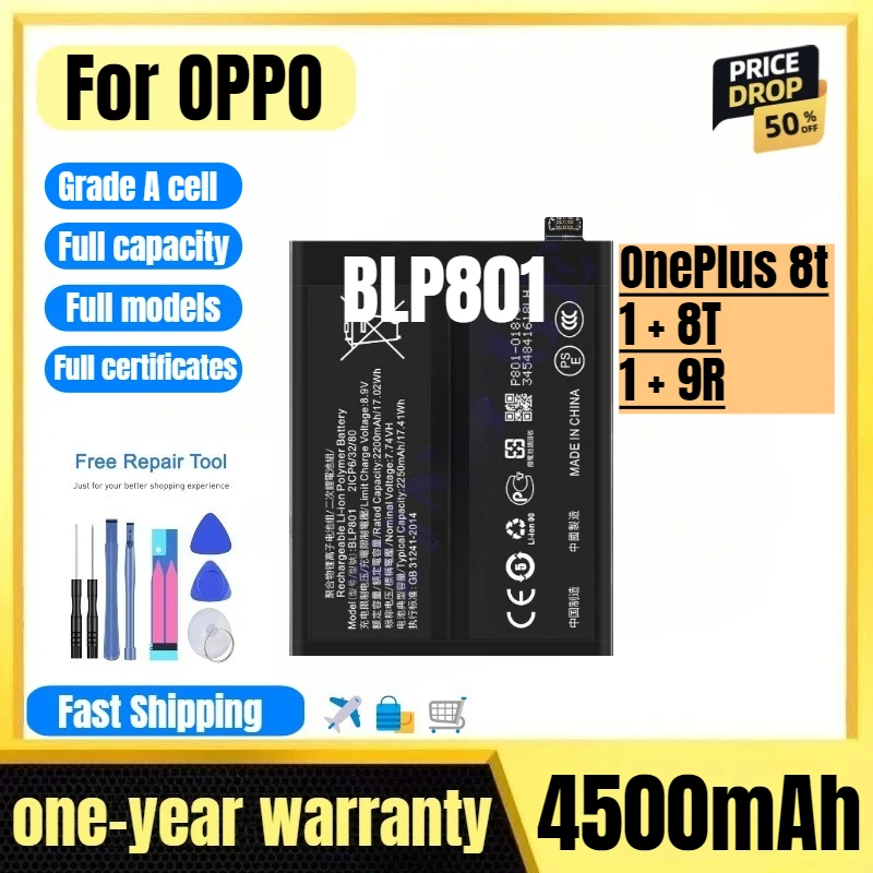 

BLP801 for OPPO OnePlus 8t/1 + 8T/1 + 9R Phone Battery High Quality High Capacity Replacement Bateria Grade A Cell with Tools