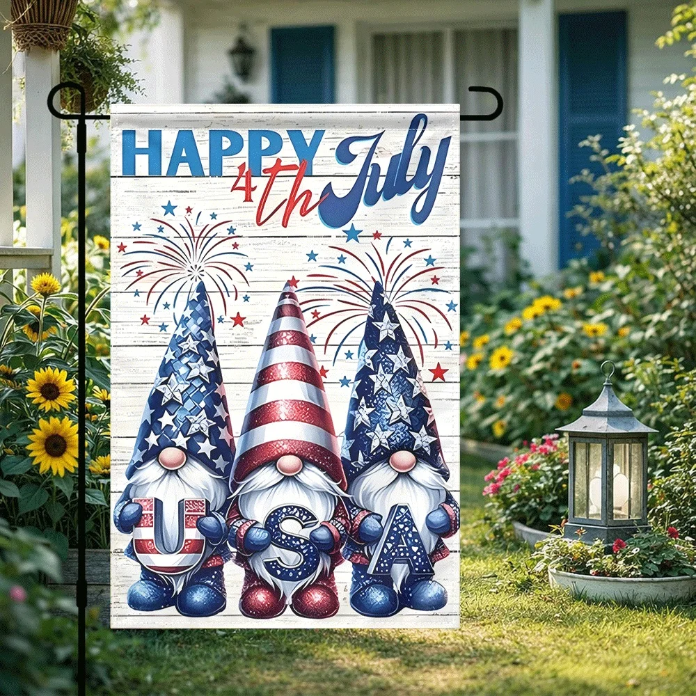 

1PC Happy 4th of July Garden Flag Patriotic USA Gnome Print Outdoor Decor Red White Blue Fireworks Star Patter