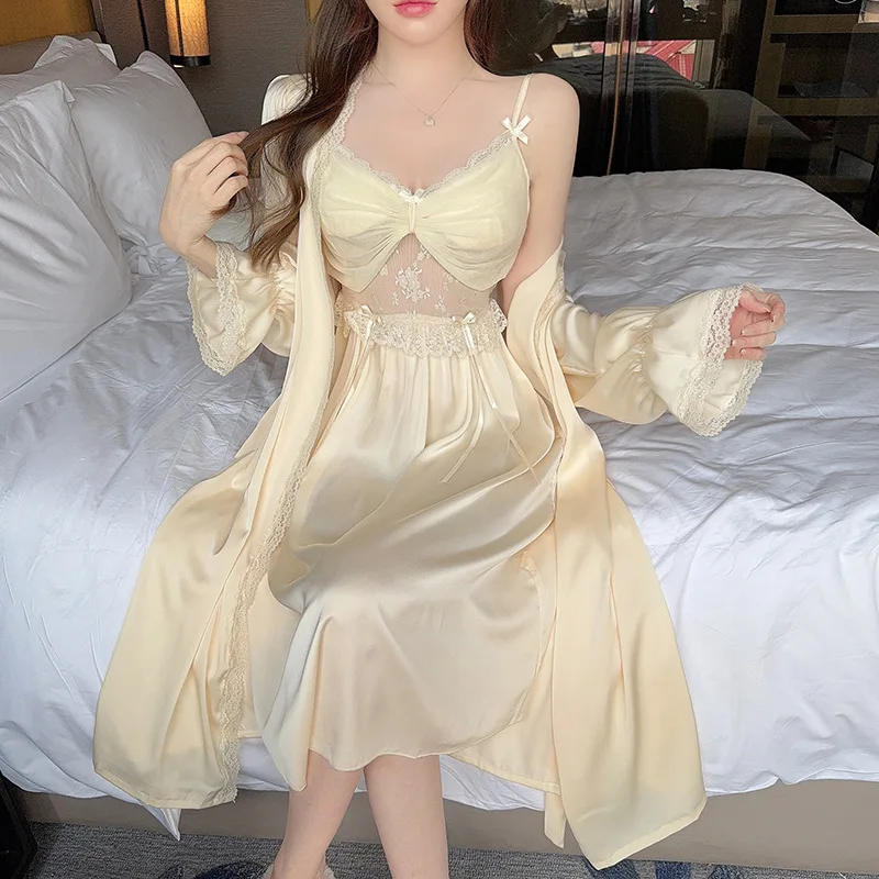 Sexy Women Twinset Robe Set Nightgown Lace Chemise Nightdress V-Neck Sleepwear Loungewear Summer Bathrobe Gown Suit Homewear