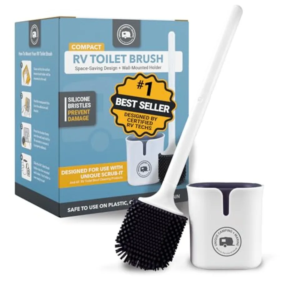 Silicone RV Toilet Brush with Compact Holder Non-scratch silicone bristles for RV toilet bowl cleaning; wall-mount no-drip hold