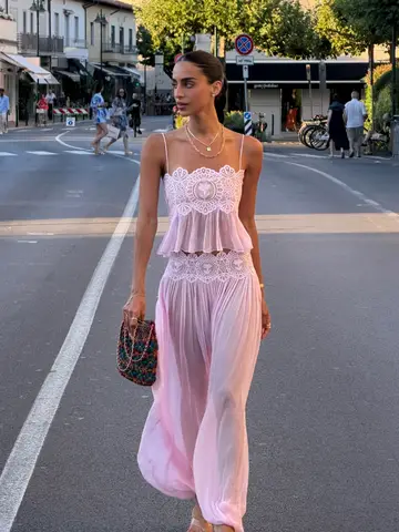 Elegant Lace Women Long Pant Set Square Neck Sheer Ruffle Hem Crop Cami Top High Waist Wide Leg Trousers 2026 Summer Chic Suit