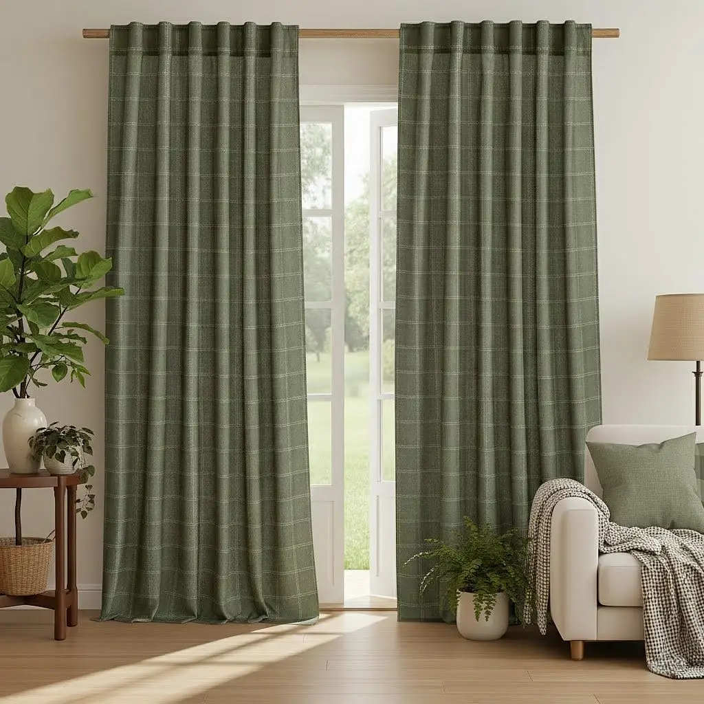 

Linen Plaid Curtains Modern Window Panels Moss Green Check Tartan Light Filtering Curtains for Living Room Bedroom, Rod