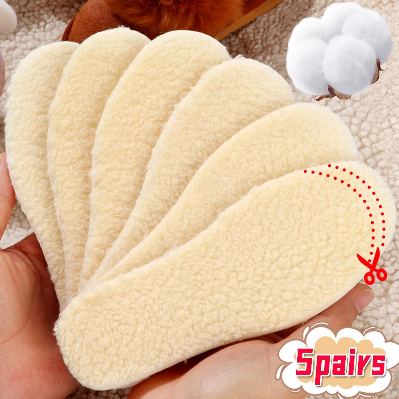 1/5Pairs Natural Sheepskin Wool Insoles for Shoes Men Winter Feet Warm Thicken Fluffy Fleece Insoles Women Snow Boots Shoe Pads