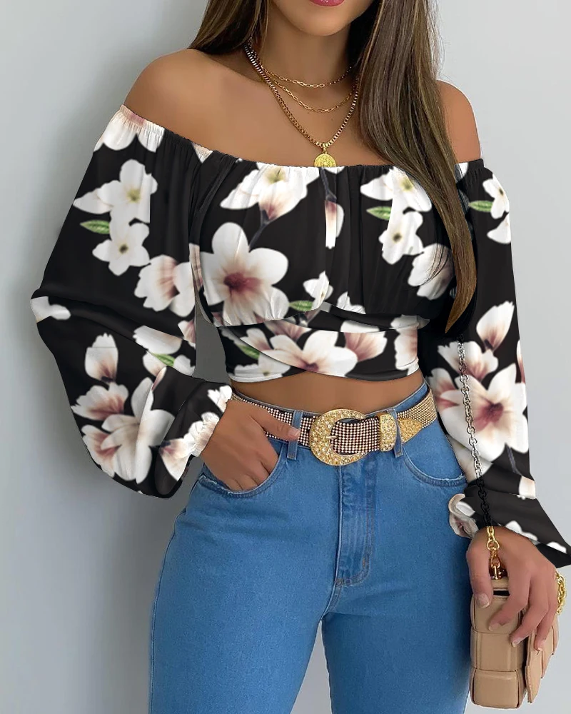 Autumn Women Print Crossed Tied Back Crop Top 2021 Femme Casual Off Shoulder Ruched Lantern Sleeve Blouse Y2k Lady Outfits