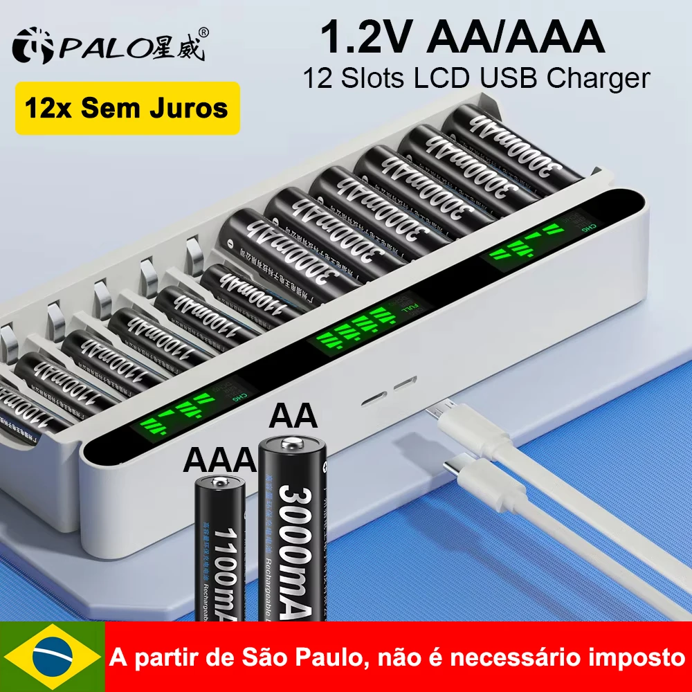 Baterias Recarregáveis PALO 1.2V AA AAA NIMH 2A 3A com Carregador Rápido USB LCD de 12 Slots para Baterias 1.2V AA AAA