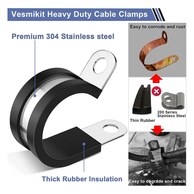 ABNO-Cable Clamps-112 PCS 10 Sizes- Stainless Steel Pipe Clamp Assortment Kit Rubber Cushion Insulated Wire Clamps
