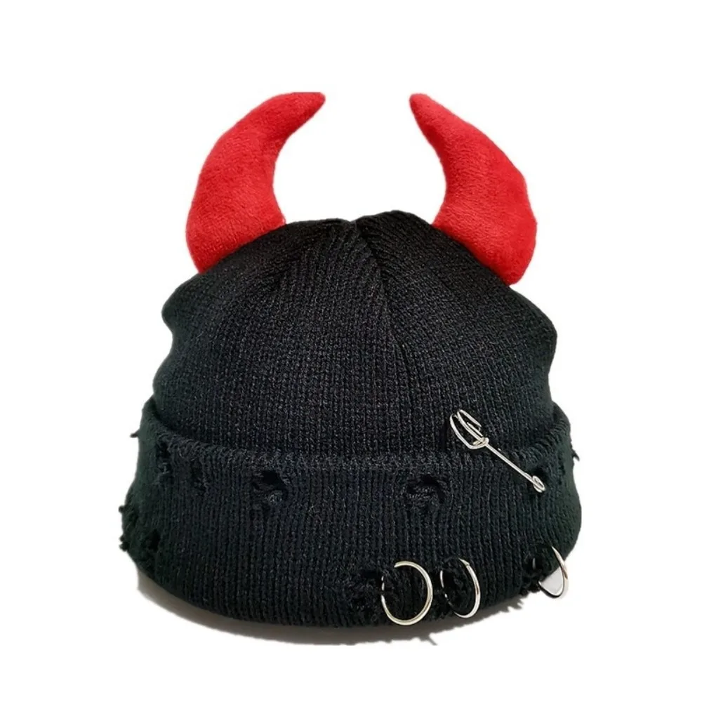 Casual Yarn Devil Horns Hat Distressed Solid Color Winter Pullover Cap Warm Adjustable Knitted Beanie Outdoor