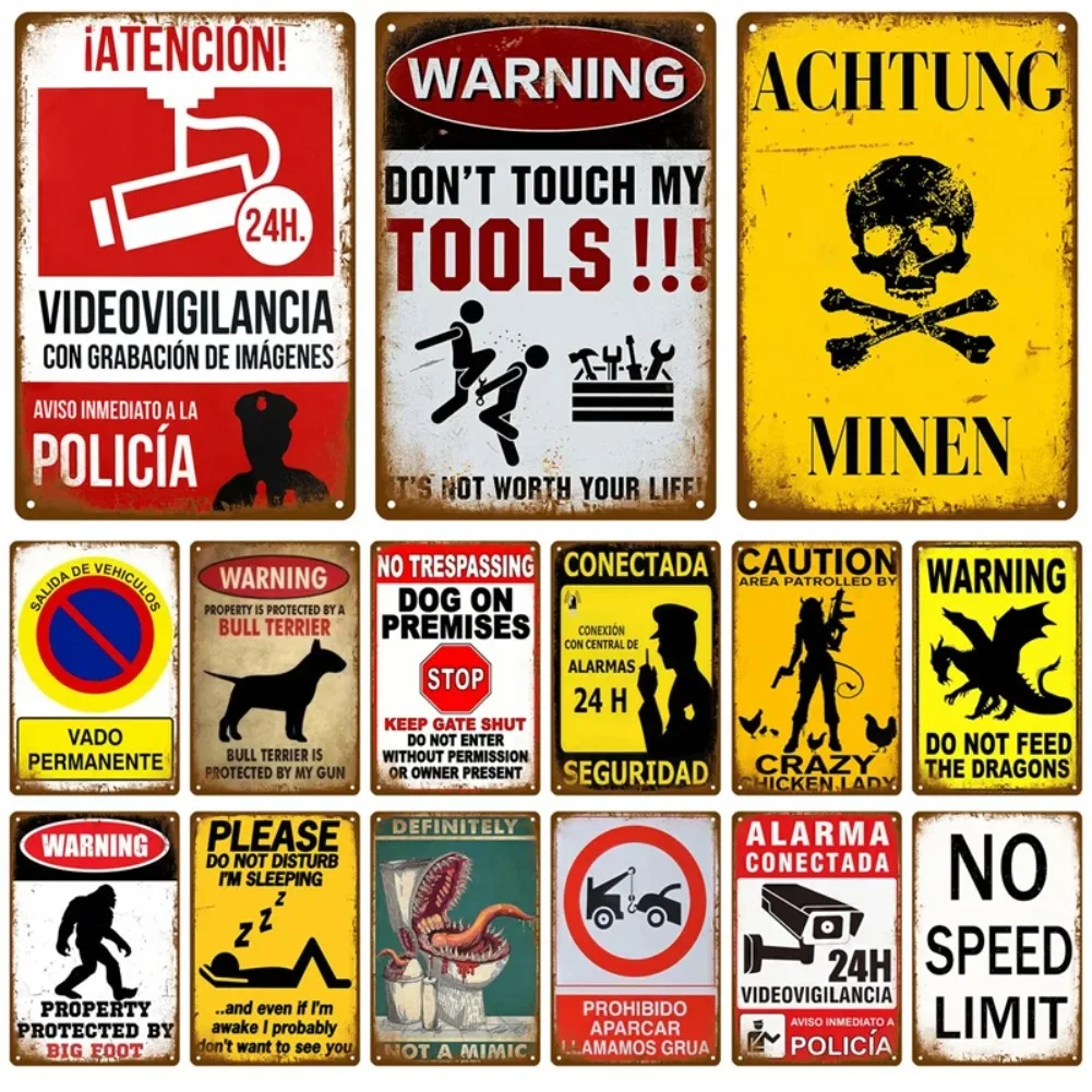 Vintage Warning Sign Funny Quote Tin Sign Retro Metal Wall Art Decor Multilingual Security Alert Plaque For Man Cave Garage B