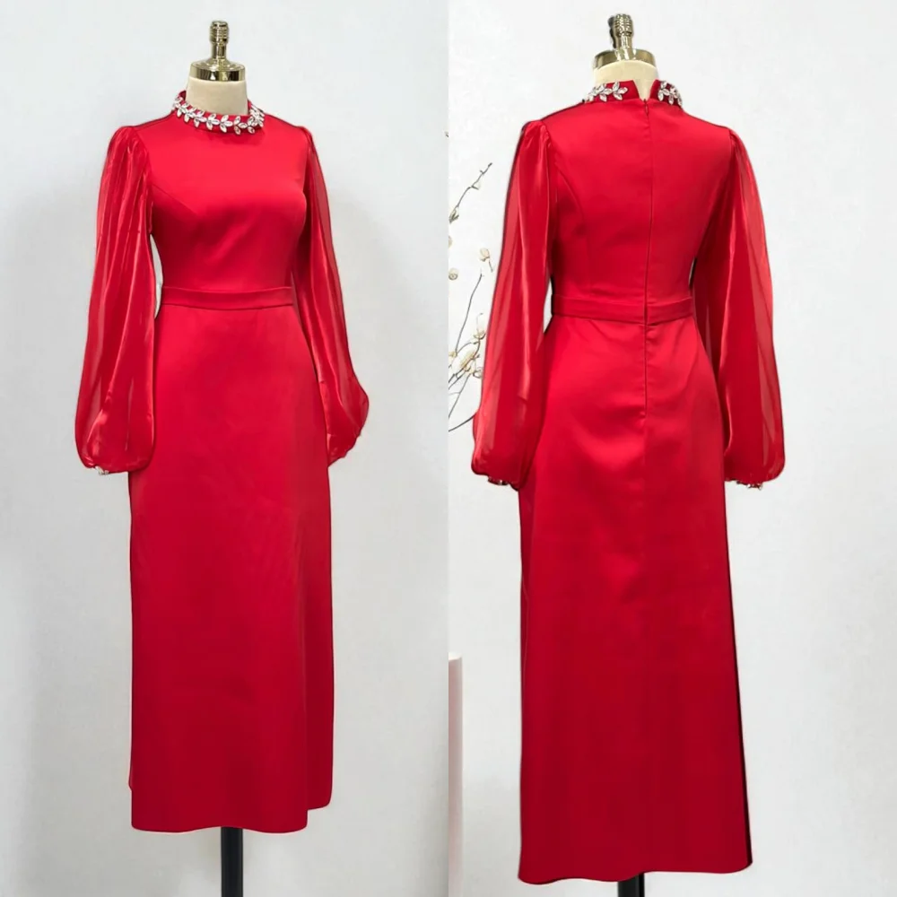 

Customized Charmeuse Rhinestone High Collar Classic Straight Midi Dresses Bespoke Occasion Women's Evening Party Gown