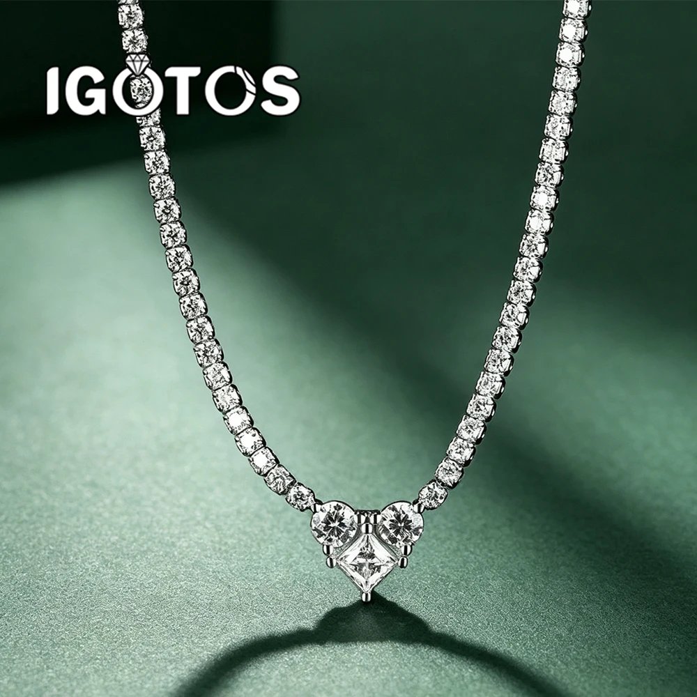2mm Moissanite Tennis Necklaces with Heart Combined Pendant S925 Sterling Silver Adjustable Choker Chain Jewelry Birthday Gifts