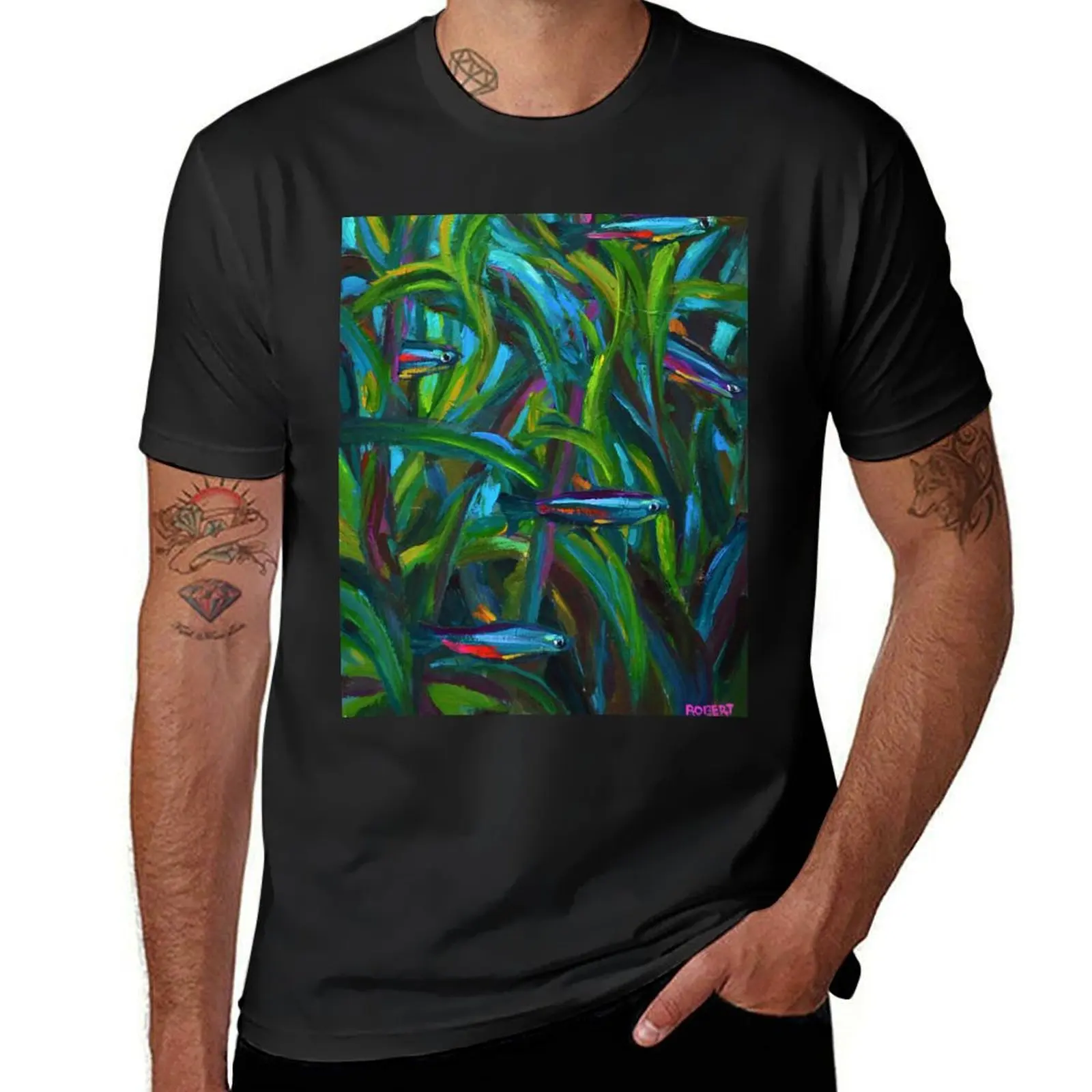 Neon Tetras Swimming in Seaweed by Robert Phelps T-Shirt anime clothes sports fans oversizeds T-shirts for men cotton