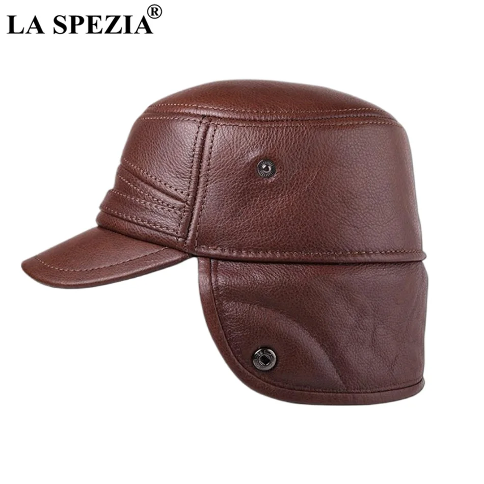 

LA SPEZIA Brand New Brown Bomber Hats Genuine Leather Ear Flap Cap Men Warm Ushanka Fur Hat Male Winter Thick Vintage Caps