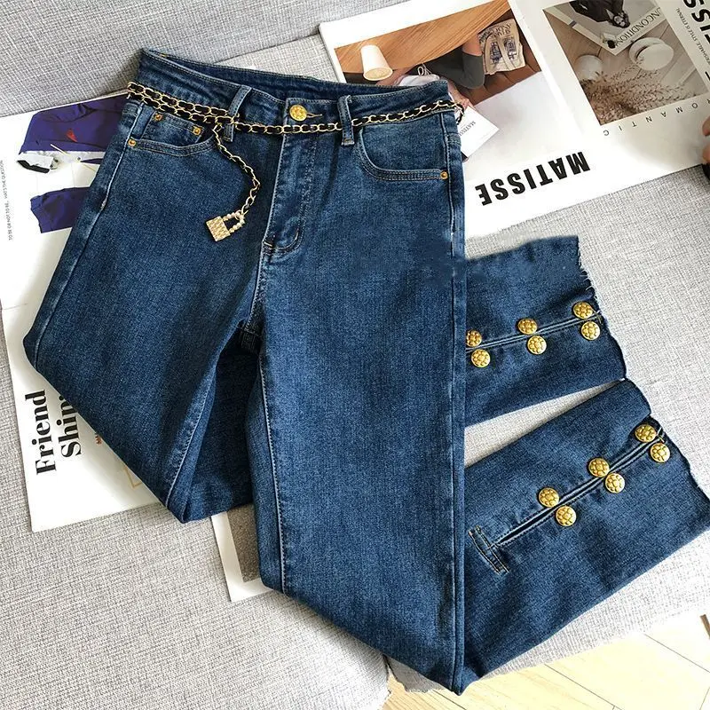 

Blue Straight Jeans Women's Luxury Design High Waist Elegant Gold Button Slit Raw Edge Slim Pencil Pants