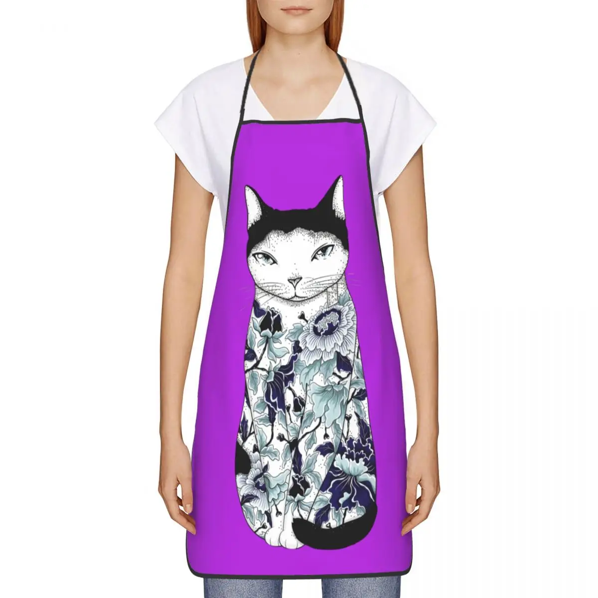 Custom Cat In Blue Peony Tattoo Apron Women Men Unisex Bib Cooking Kitchen Tablier Cuisine Chef Gardening