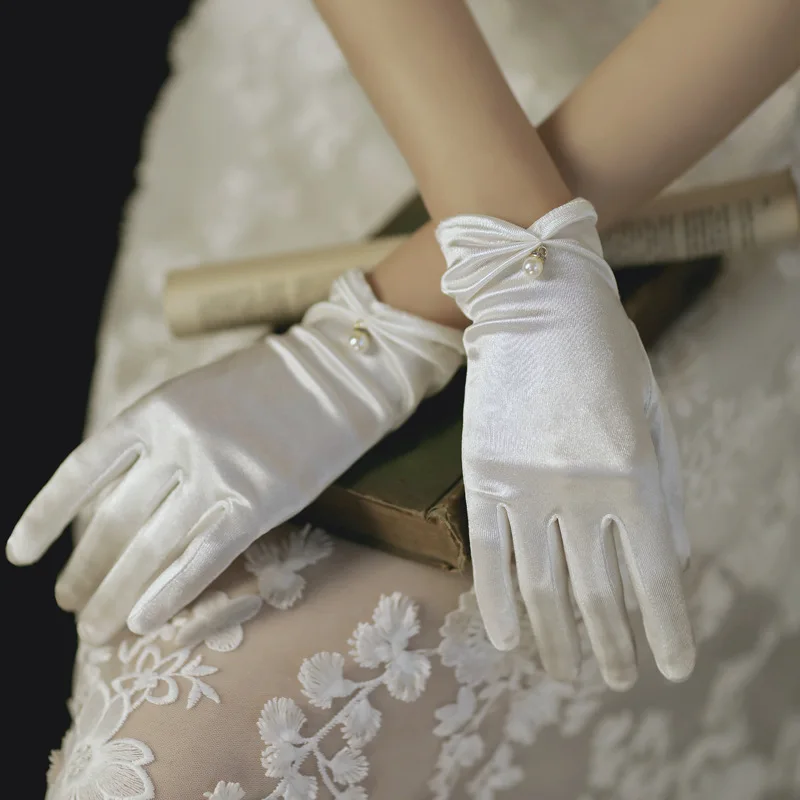 Wedding gloves bridal wedding gloves satin short gloves with a bead embellishment photo gloves