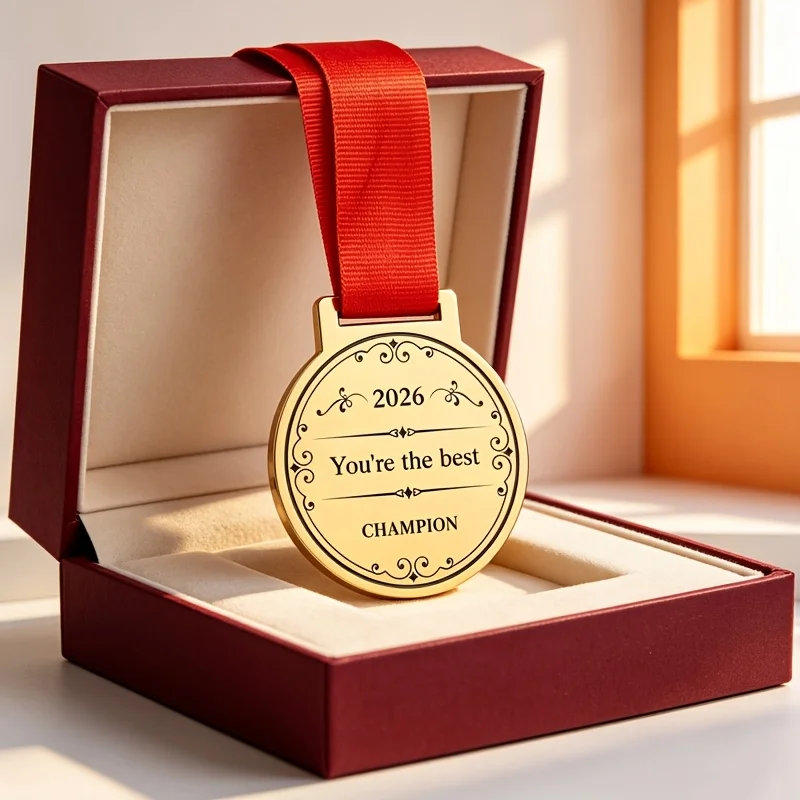 Customized Stainless Steel Gold-Plated Medal Necklace, Which Can Be Personalized with Name-Year-Event-Ranking. the Medal Is Laser-Engraved on Stainless Steel Material and Comes with a Red Lanyard, Making It Look Grand and Perfect for Various Competitions, School Awards, Family Support, Etc. a Perfect Motivational Gift (Available for Bulk Customization)