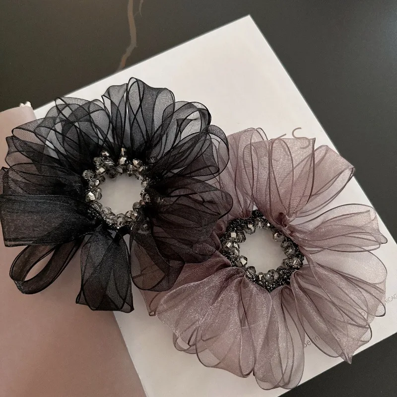 

Элегантные корейские резинки для волос из органзы с жемчугом, блестящие эластичные резинки для волос с кристаллами, роскошные аксессуары для волос для женщин