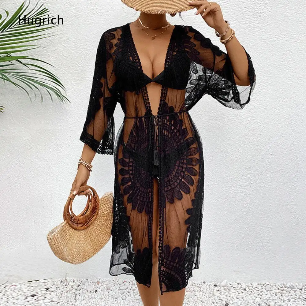 Open Front Three Quarter Flare Sleeve Floral Embroidery Lace Sheer Long Kimono Black Elastic Waist Tie Summer Swim Outer Gown