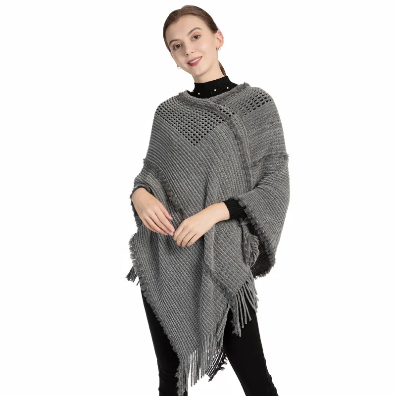 Poncho de punto con borlas para mujer, chal de chenilla de imitación de Cachemira, capa gris, Otoño e Invierno