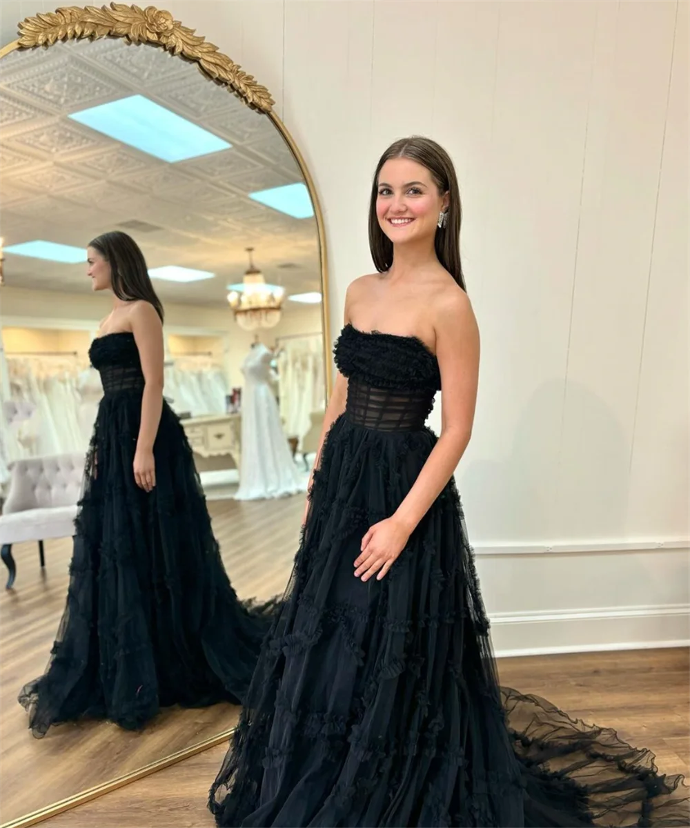 Annie Black Prom Dresses Sexy Strapless Tulle Women's Evening Dresses Formal Occasions Wedding Party Dress فساتين سهرة2024