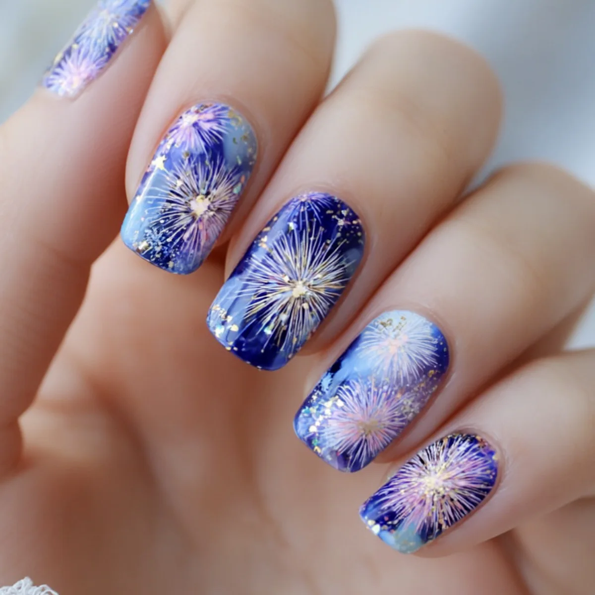 24Pcs Short Square Head Fake Nail Press on Blue Purple Gradient Firework Design Full Cover Nails Tips Art Detachable False Nails