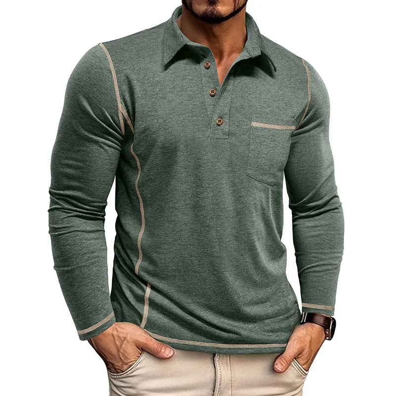 2025 New Autumn and Winter Men's Long-sleeved Polo Shirt European and American Lapel T-shirt American Top
