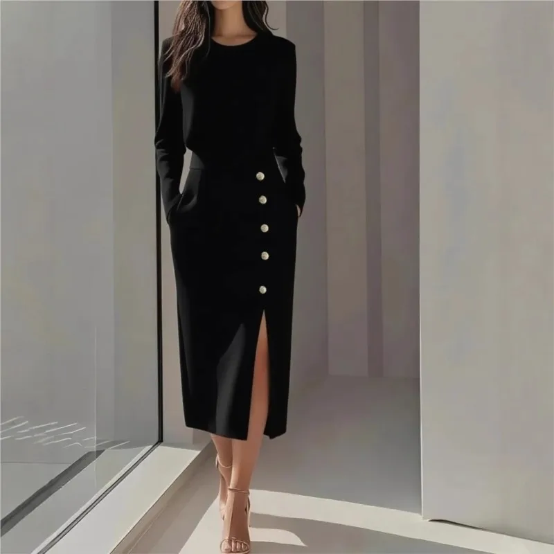

Temperament Elegant Women's Slim Dress 2025 Autumn Button Split High Waisted Bodycon Long Sleeve O Neck Party Dresses for Women