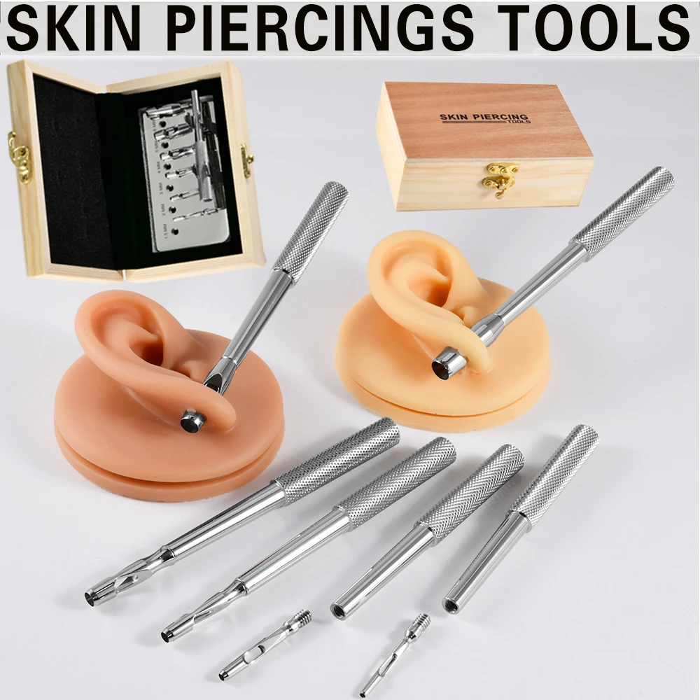 Body Jewelry Dermal - เครื่องเจาะผิวหนังสเตนเลส 316L จำนวน 7-1 ชิ้น พร้อมปลอกหนัง