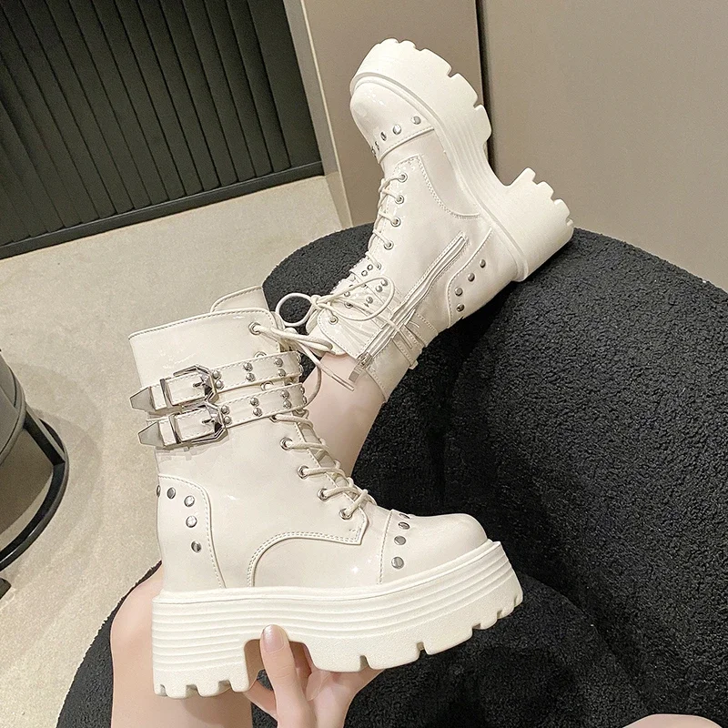 Women\'s High Platform Motorcycles Boots Winter 10CM Wedge Heels Warm Ankle Boots Chunky Sneakers New Autumn Leather Shoes Woman