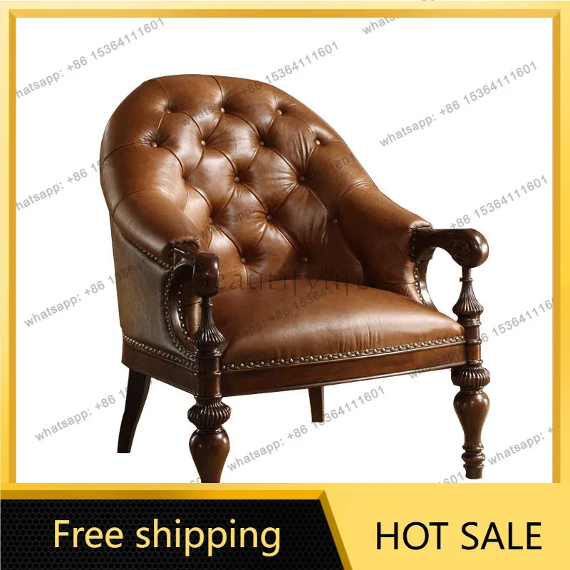 XX. American leather retro single sofa chair solid wood leisure reception chair