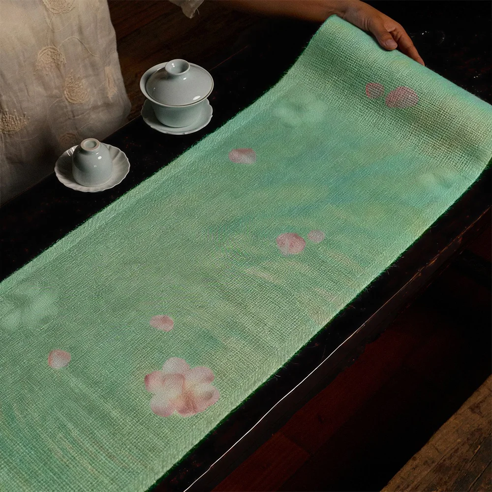 Falling Petals & Flowing Water Table Runner, Luxury High-End Tea Mat, Waterproof Fabric Long Table Cloth for Tea Table with Ambi